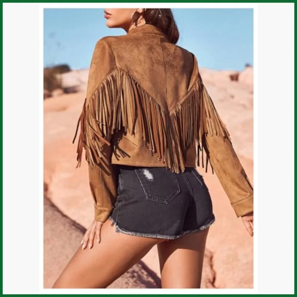 Faux Suede Fringe Open Front Jacket Western Concert Outerwear - Picture 3 of 6
